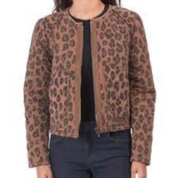 Blank NYC Jacket Women's Large Brown Black Cool Cat Quilted Animal Print Preppy - Picture 1 of 7